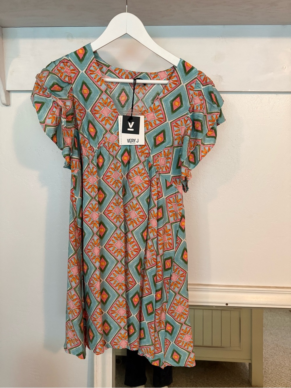 Very J Teal Floral Diamond Print Blouse